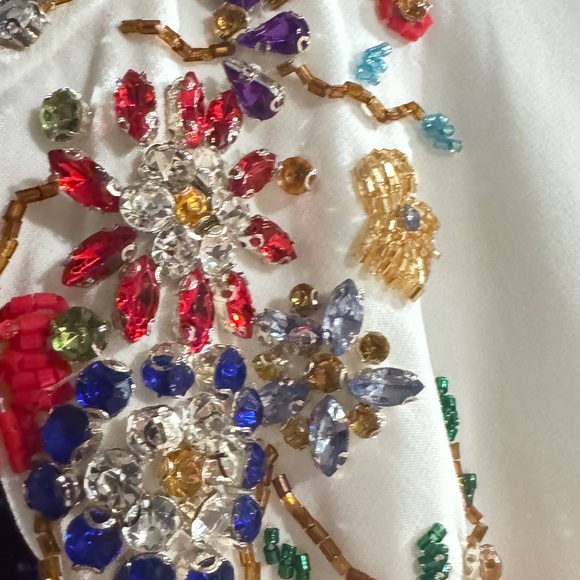 Mac Duggal Cap Sleeve Multi Gem Embellished White Midi Dress - Picture 6 of 7